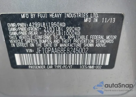 2014 Subaru Impreza 2.0I z USA, uszkodzony, nr VIN JF1GPAA68E8245002